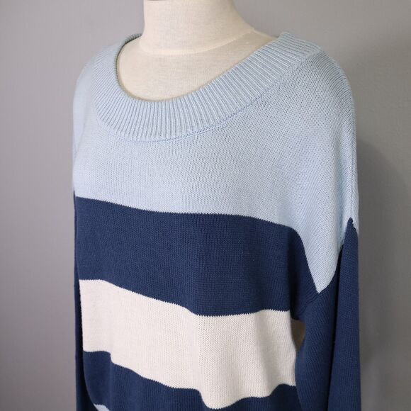 Lucky Brand Sweater Womens Large Blue White Stripe Cotton Colorblock Nautical - Picture 8 of 12